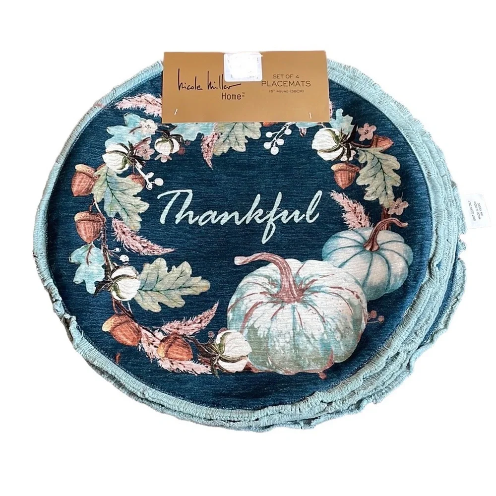 Nicole Miller Placemats Set Of 4 Thanksgiving Pumpkins Thankful Floral